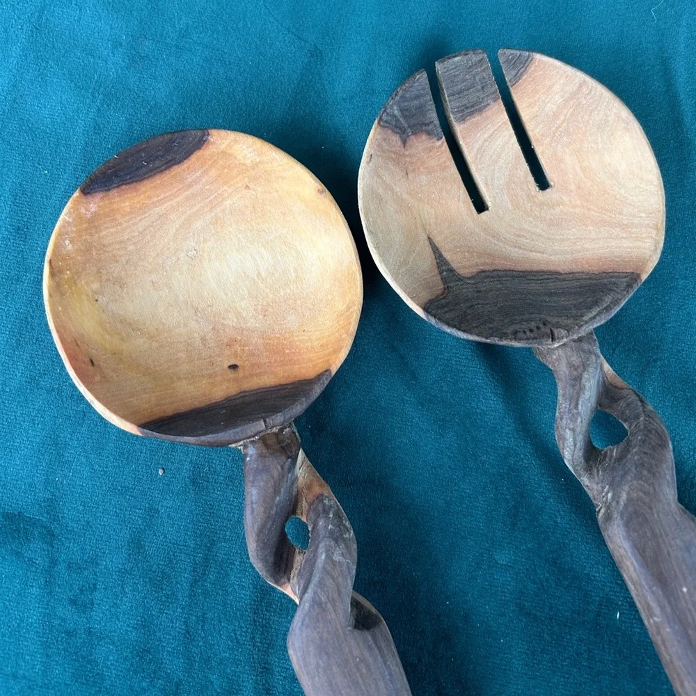 Vintage African Tribal Handmade Polka Dot Wooden Salad Server